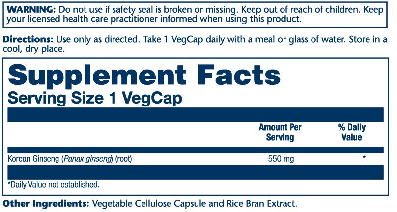 Solaray Korean Ginseng Root 550 mg Supplement Facts