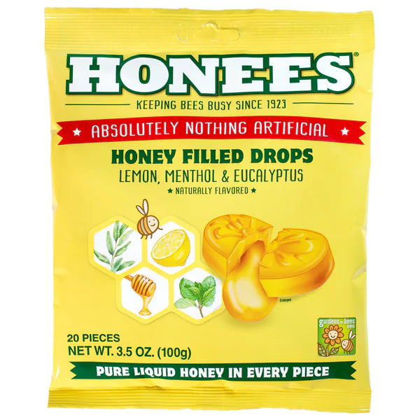 Honees Honey Lemon Menthol Eucalyptus Drops 20-count bag
