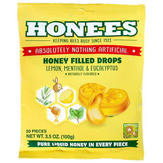 Honees Honey Lemon Menthol Eucalyptus Drops 20-count bag