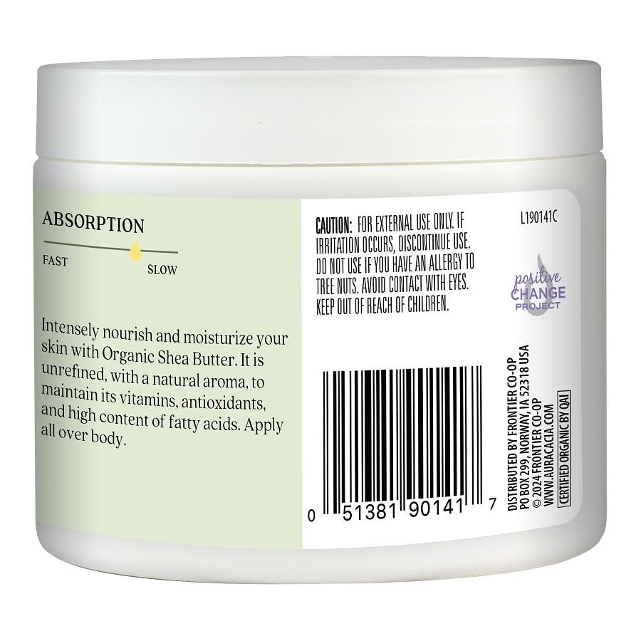 Aura Cacia Organic Unrefined Shea Butter label side