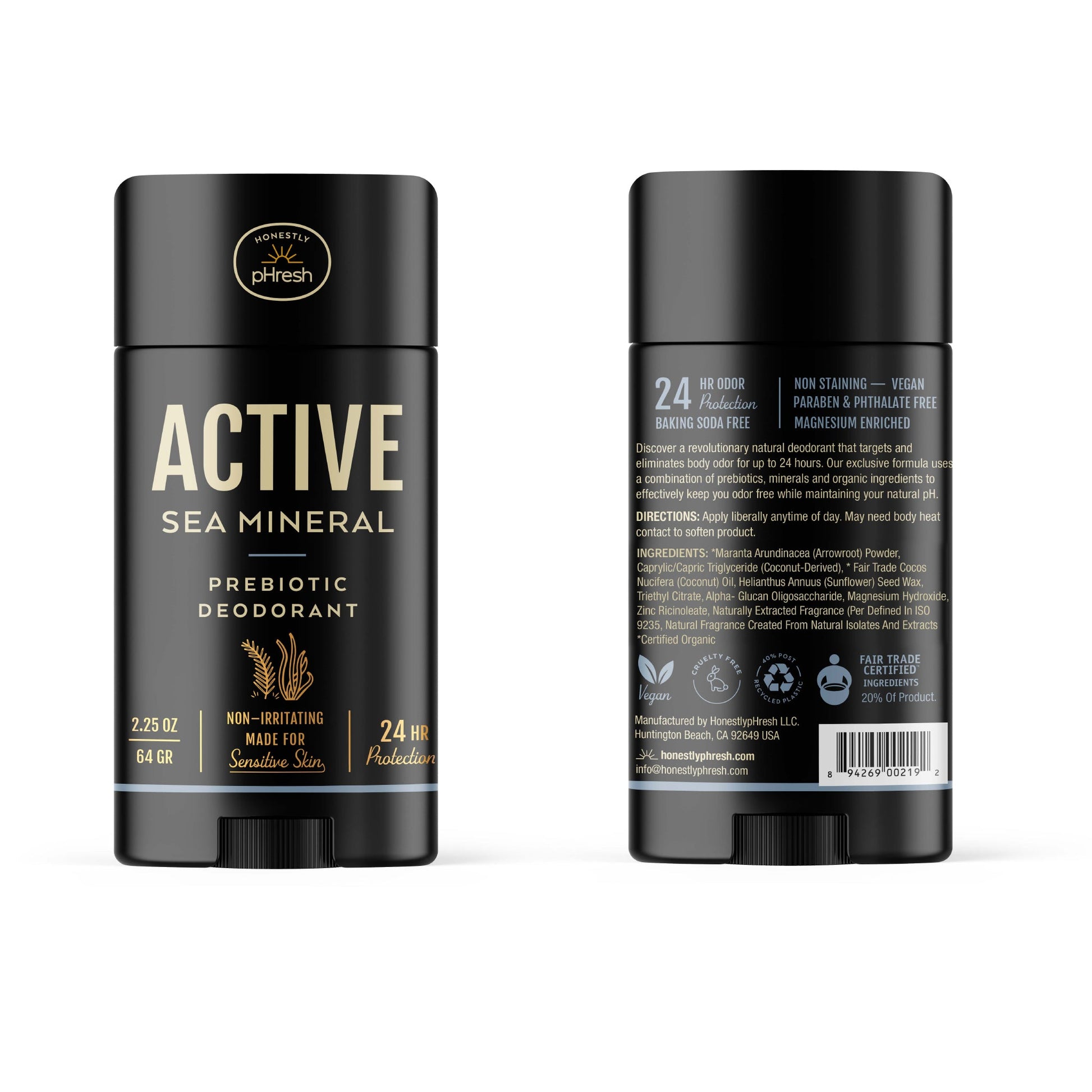 Honestly pHresh Active Sea Mineral prebiotic deodorant stick, 2.25 oz